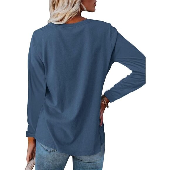 Blmfaion Womens  Long Sleeve Tunics Tops Casual Crew Neck Shirts Loose Fit- Blue - Picture 2 of 3